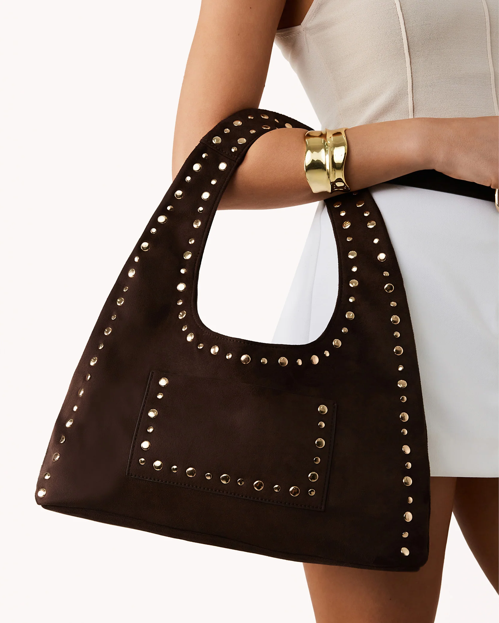 NOAH SHOULDER BAG - DARK CACAO SUEDE-GOLD