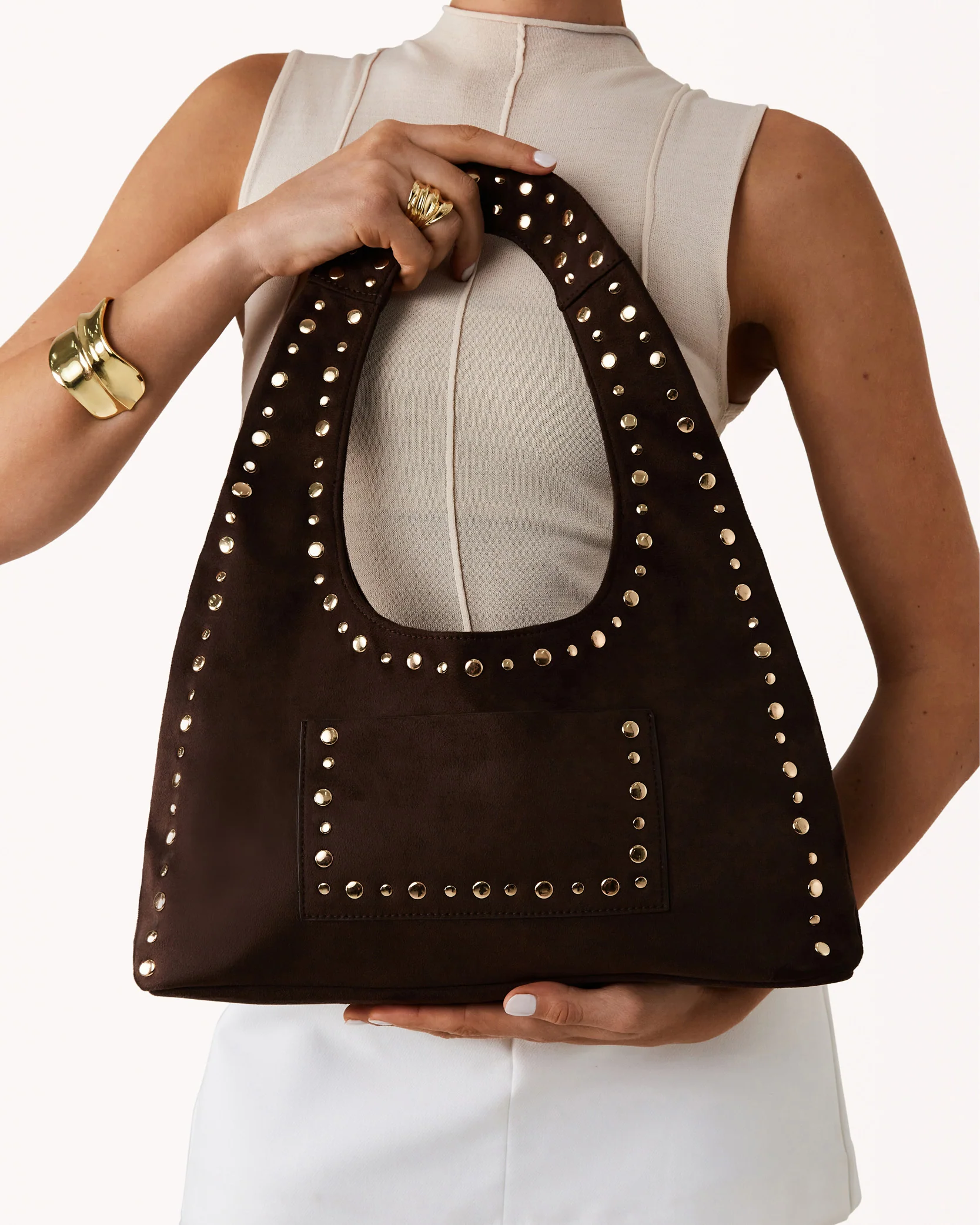NOAH SHOULDER BAG - DARK CACAO SUEDE-GOLD - Image 2